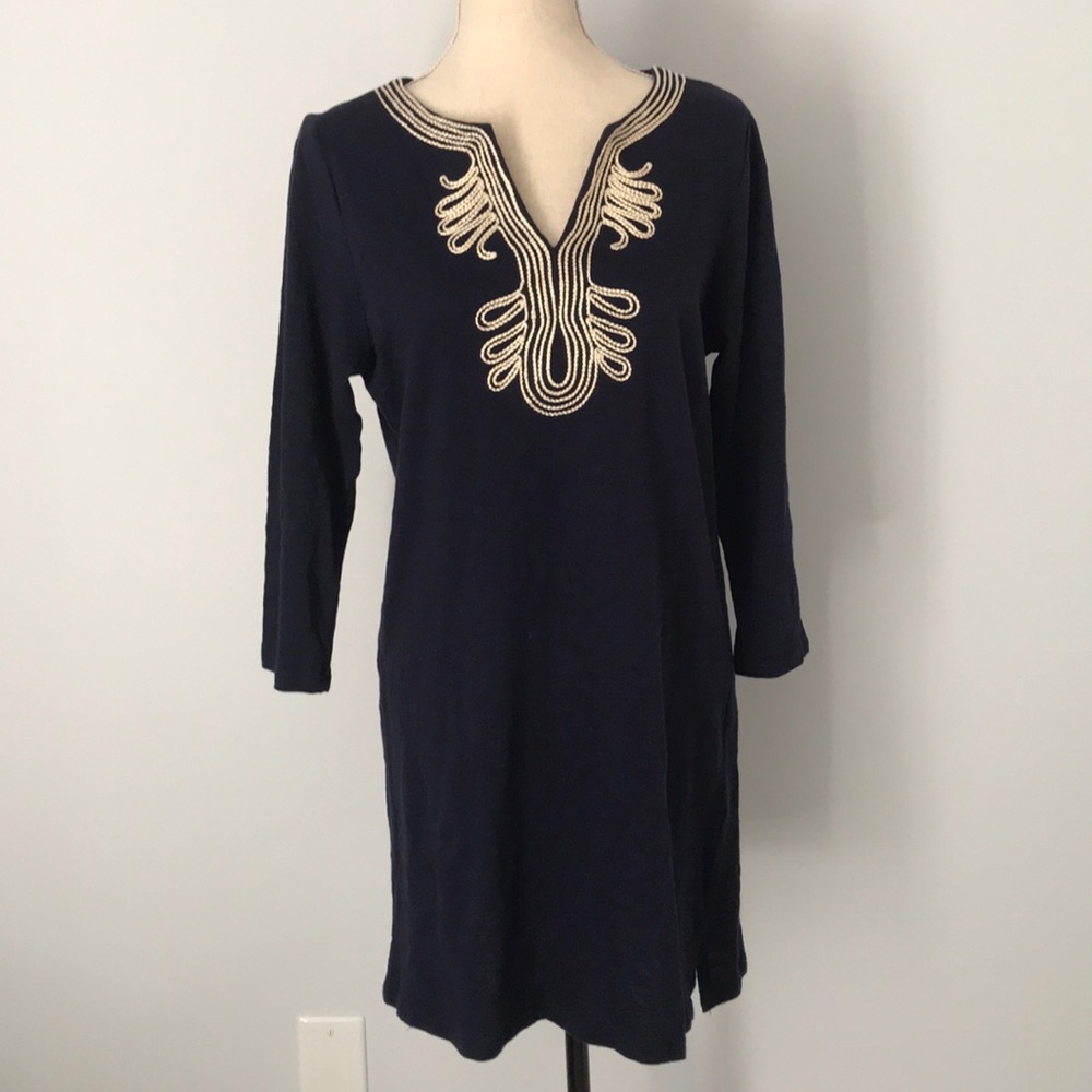 Navy cotton vneck dress. Long sleeve